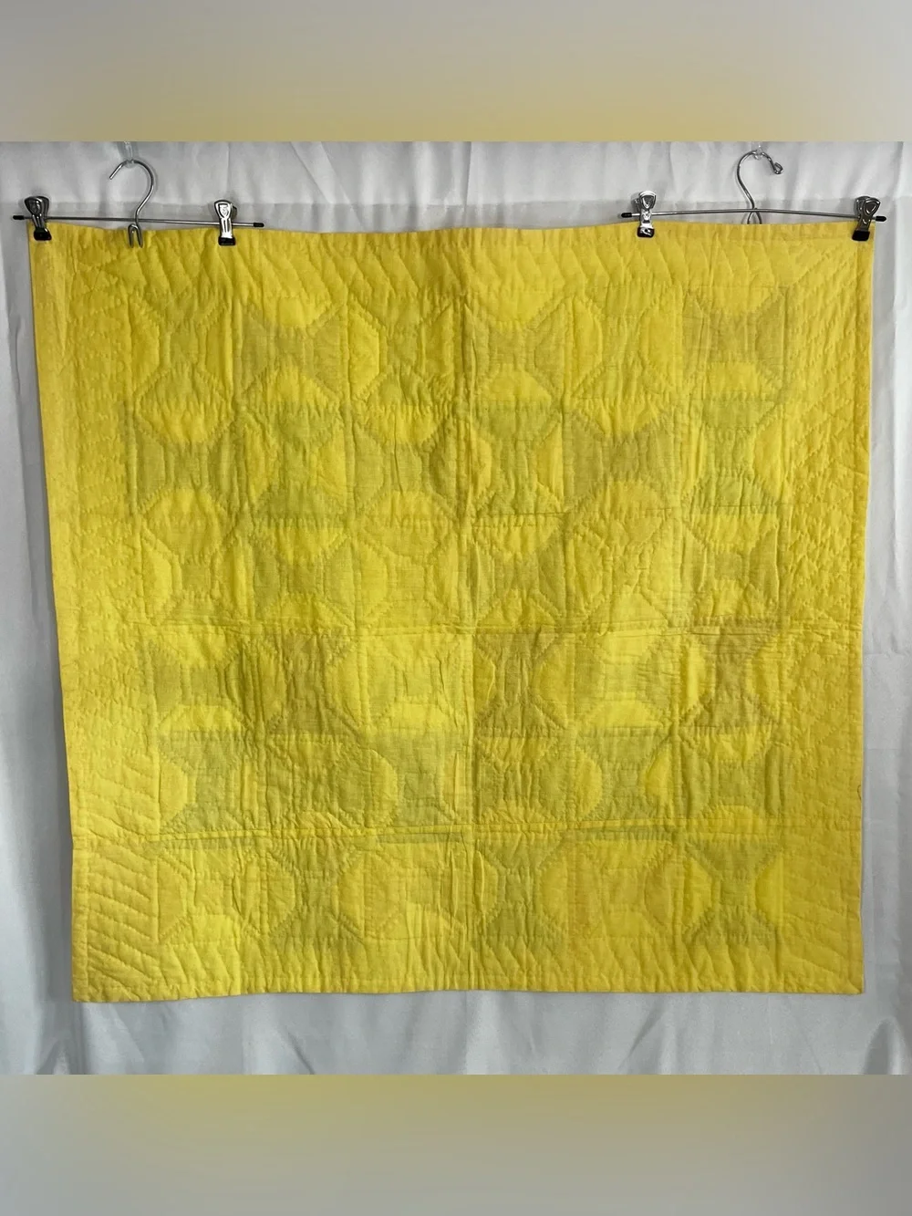 Vintage Spool Lap Quilt 40x42 Handmade, Yellow Border, Cotton